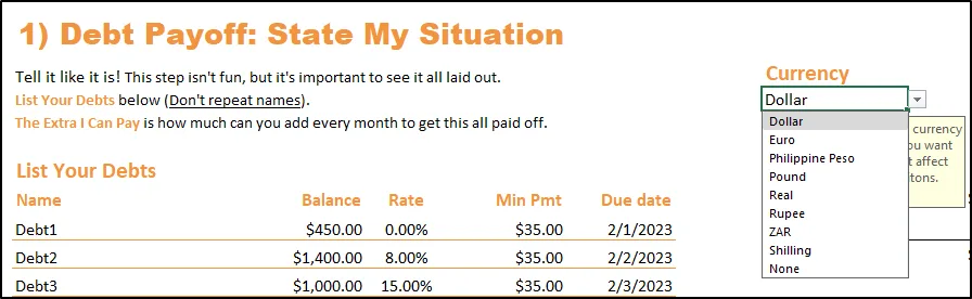 Currency selector on the state my situation tab