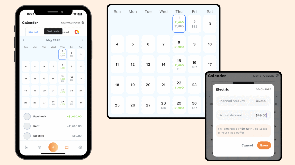 Calendaring in the app. Showing interactivity for budgeting