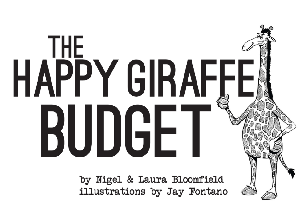 Cover for the happy giraffe budgeting method with tree and standing giraffe with a thumbs up